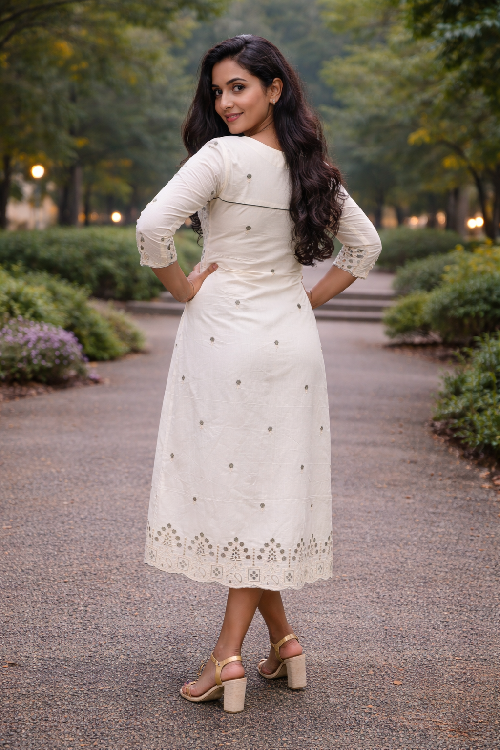 Kora cotton A-line kurti with floral thread embroidery detailings and pleated yoke MBS-864