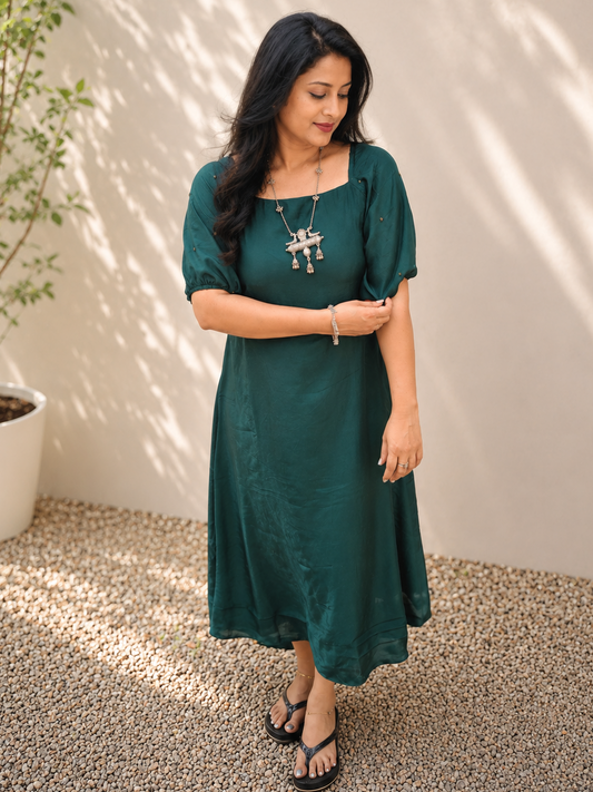 Bottle green shaded crepe silk A-line kurti/dress with handworked sleeves MBS-1190