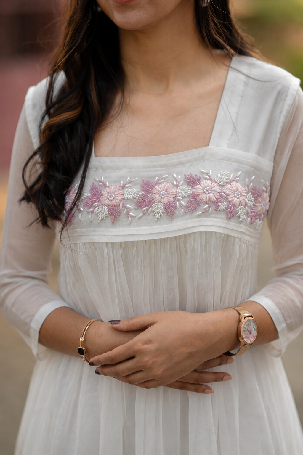White viscose organza Aline kurti with heavy hand worked yoke MBS-1191 - Three fourth sleeves