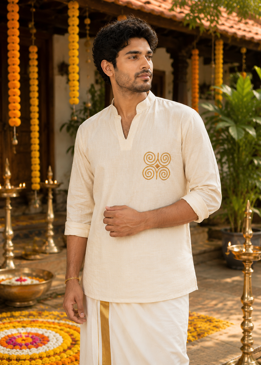 Off white flex short kurta for men with yellow thread embroidery detailings MBS-1264 "Onam 26"