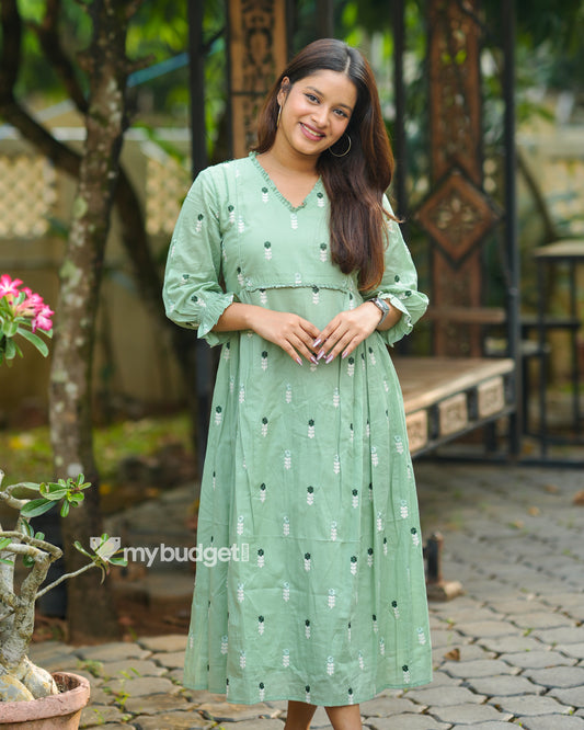 Green mul cotton Aline kurti with frills and all over floral embroidery MBS-1196