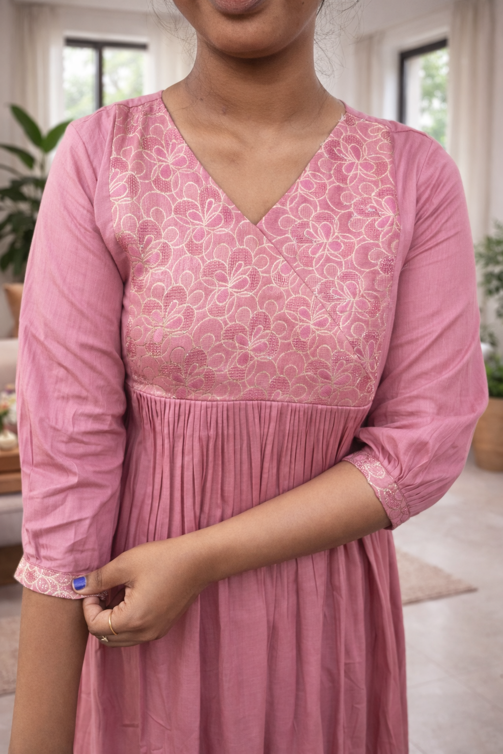 Dusty onion pink shaded mul cotton A-line kurti/dress with overlapped brocade yoke MBS-867