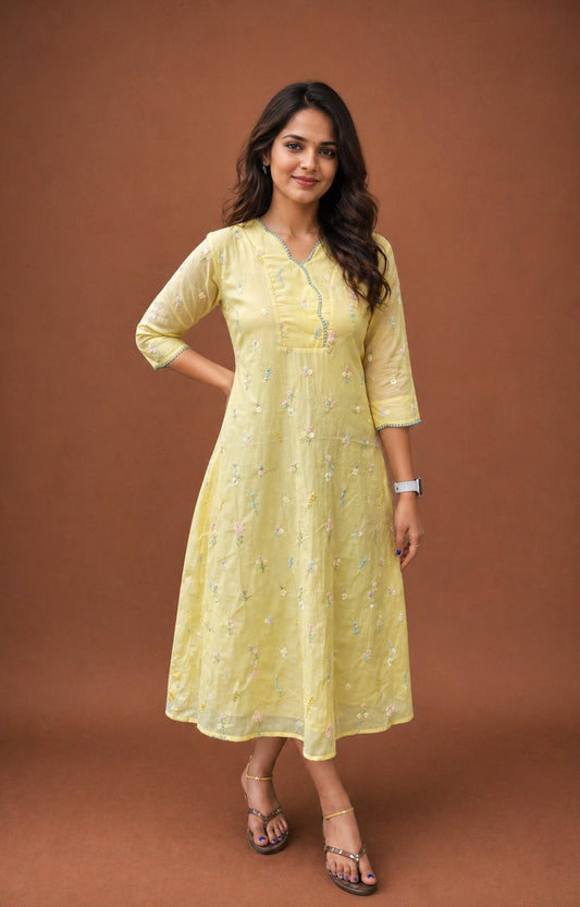 Yellow shaded chanderi Aline kurti/dress with floral thread embroidery detailings MBS-872 ***Ready to dispatch***