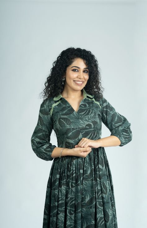 Sage green tropical printed soft cotton kurti/dress with hacoba collar and elastic sleeves MBS-R213