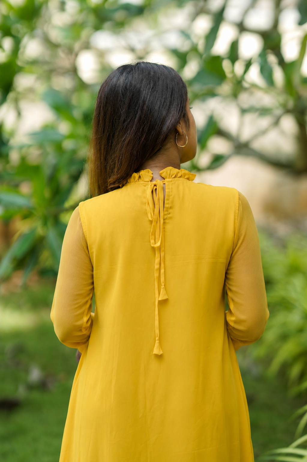 Yellow shaded georgette A-line kurti/dress with frilled neck and floral embroidery detailing MBS-1193 - Three fourth sleeves