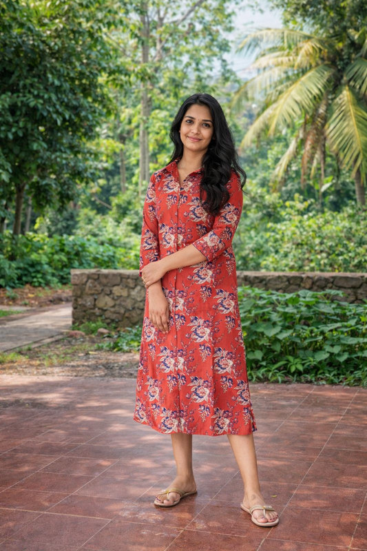 Brick red shade printed slub cotton A-line kurti with shirt collar MBS-807 ** ready to dispatch**