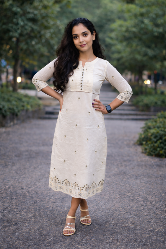 Kora cotton A-line kurti with floral thread embroidery detailings and pleated yoke MBS-864