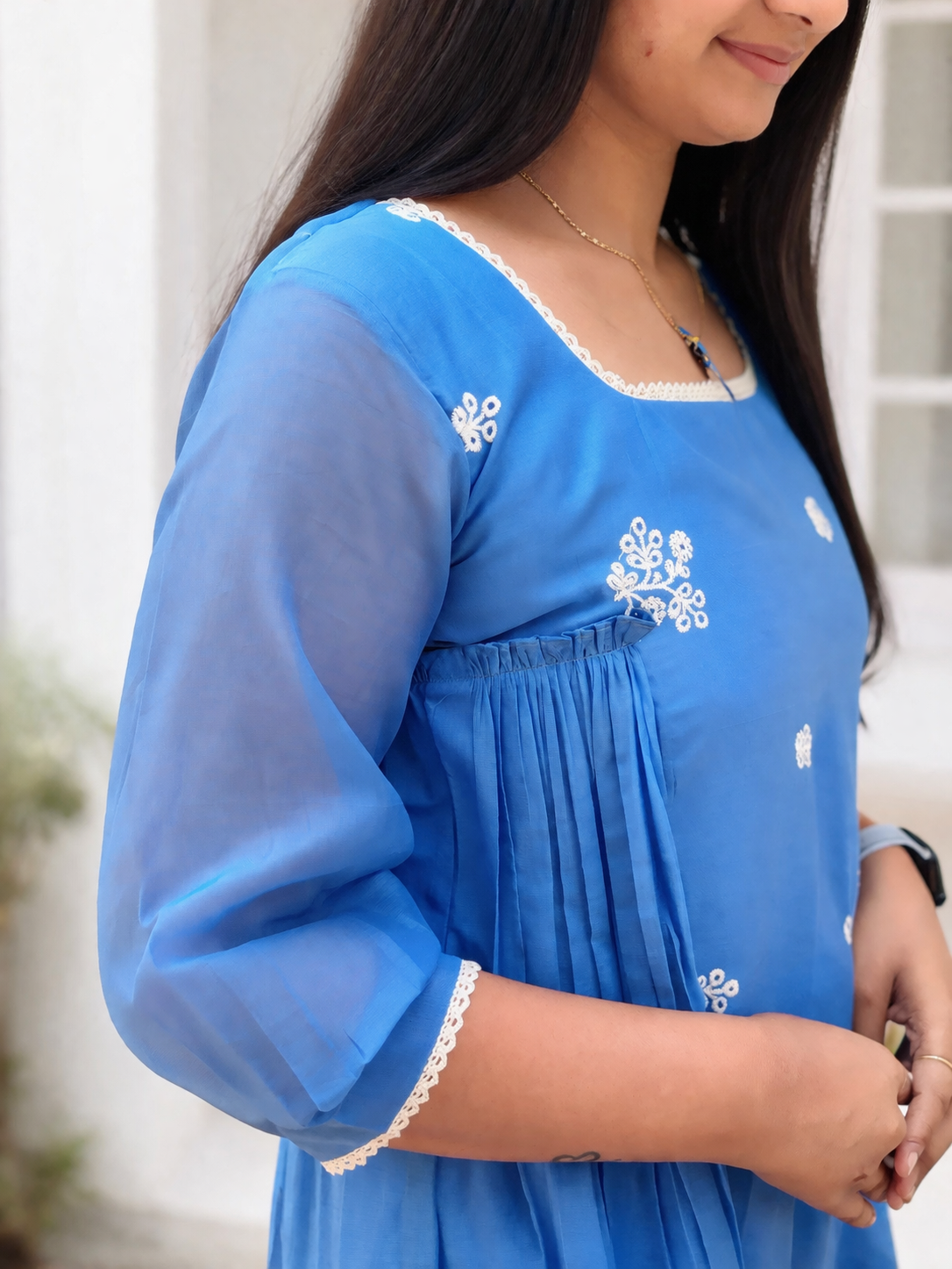 Nylon mul chanderi A-line kurti with floral embroidered middle panel and side gathers MBS-850
