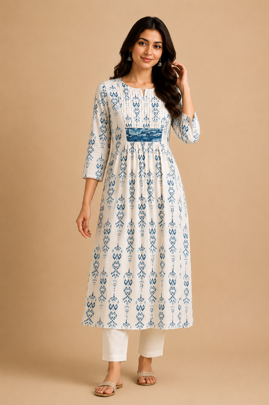 White printed soft cotton lining kurti with pintucked yoke and gathers MBS-893 **Ready to dispatch**