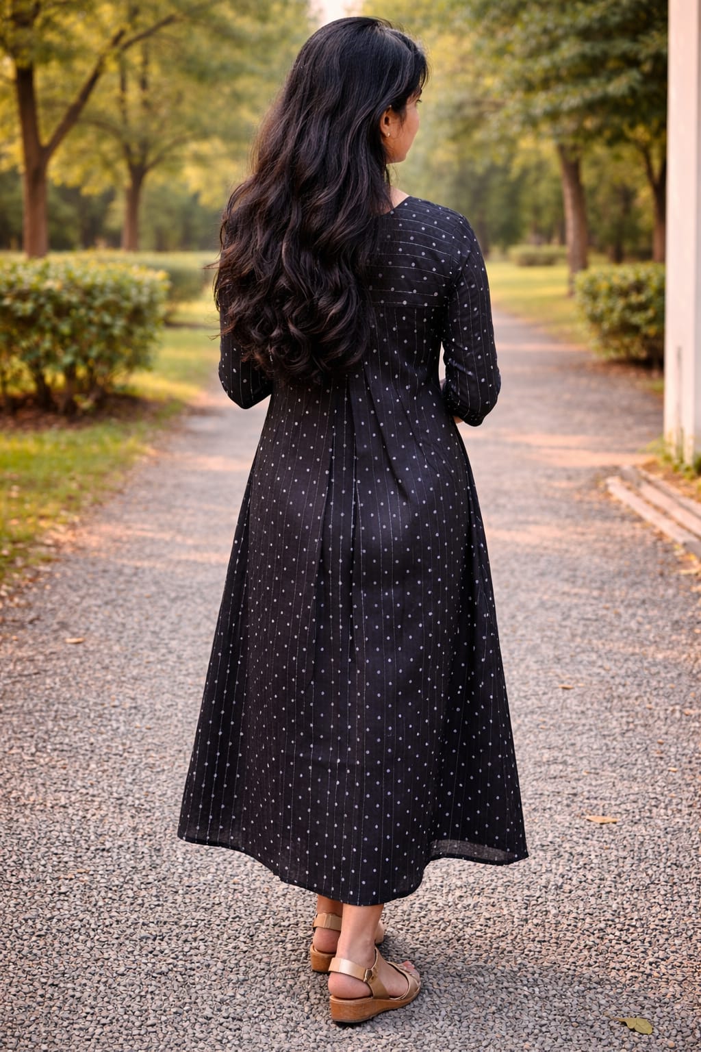 Silver lined cambric cotton A-line kurti with polka dots and overlapped yoke in black shade MBS-865 **Ready to dispatch**