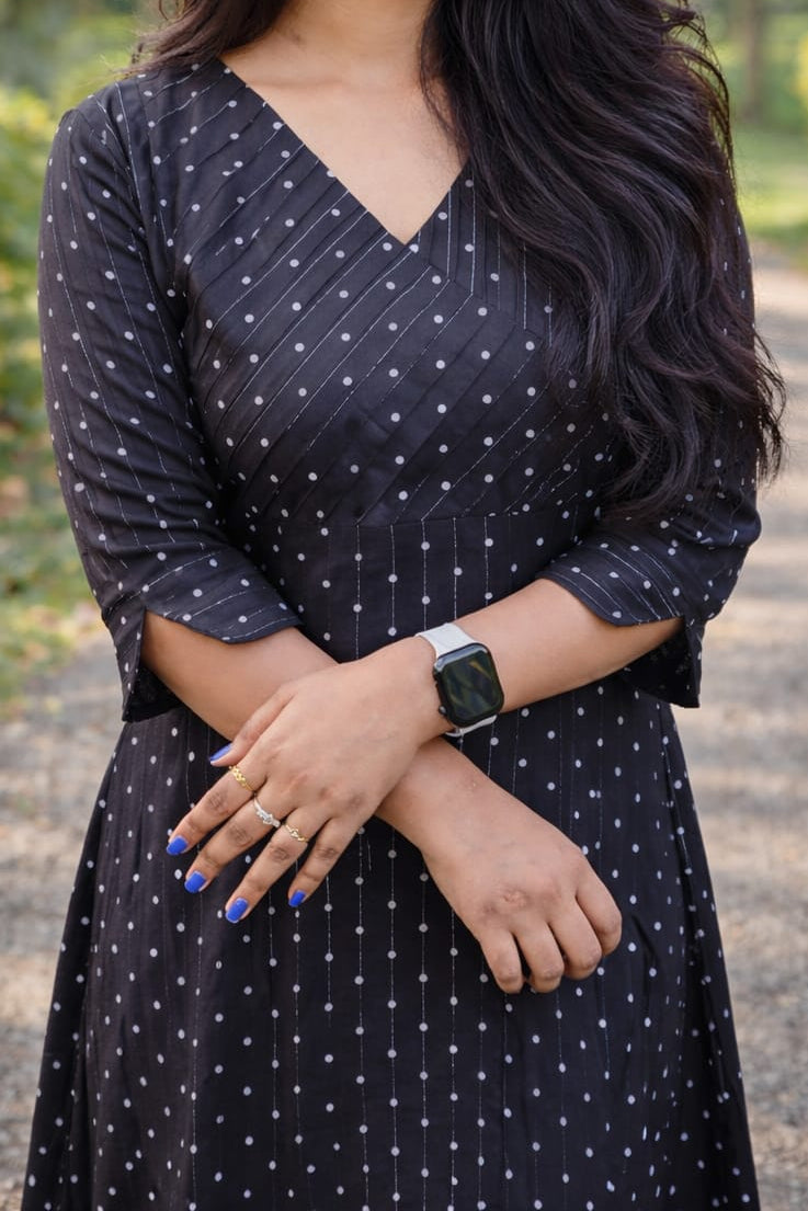 Silver lined cambric cotton A-line kurti with polka dots and overlapped yoke in black shade MBS-865 **Ready to dispatch**