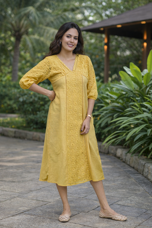 Yellow shaded flex cotton kurti/dress detailed with hacoba and lace MBS-770