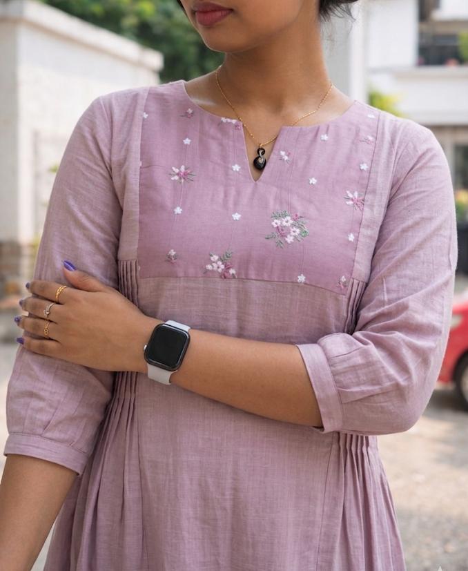 Mauve shaded slub cotton A-line kurti/dress with thread embroidered curved pleated yoke MBS-871 **Ready to dispatch**