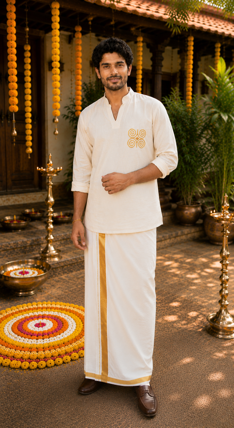 Off white flex short kurta for men with yellow thread embroidery detailings MBS-1264 "Onam 26"