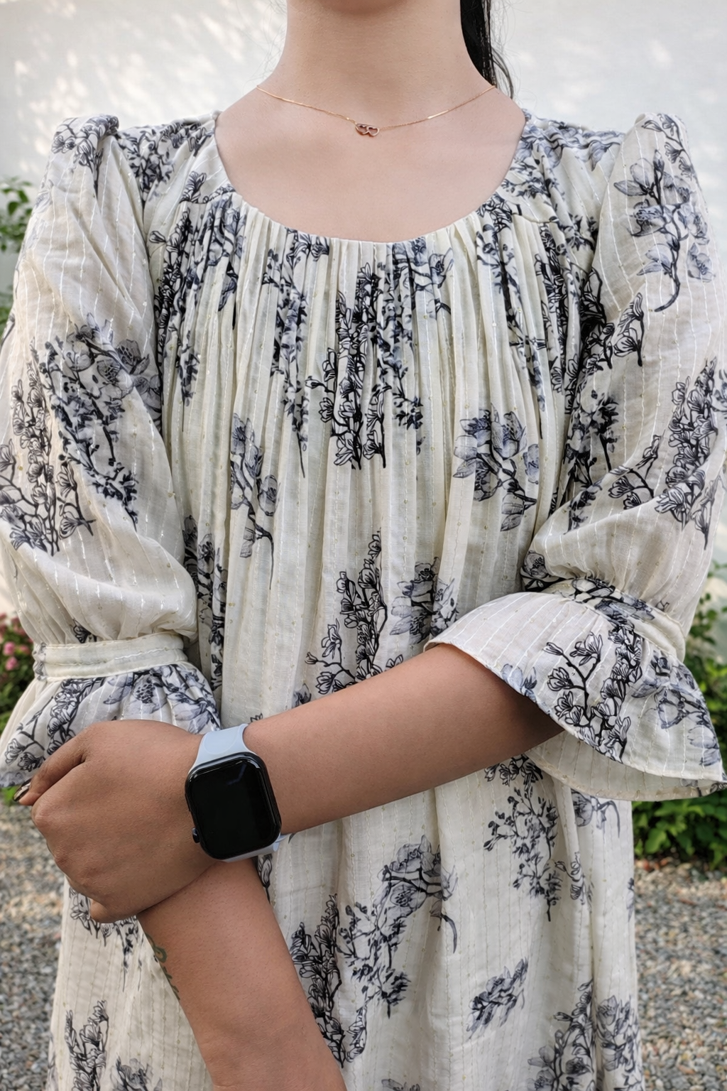 Floral Printed cambric cotton with all over sequins detailing A-line Kurti/dress in Ivory shade MBS-847