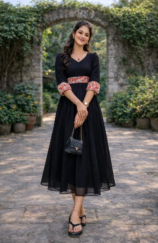 Black georgette A-line kurti detailed with floral printed cotton yoke and sleeve MBS-819 ** ready to dispatch**
