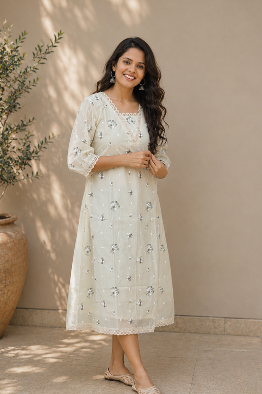 Cream shaded chanderi Aline kurti/dress with floral thread embroidery detailings MBS-767 ***Ready to dispatch***