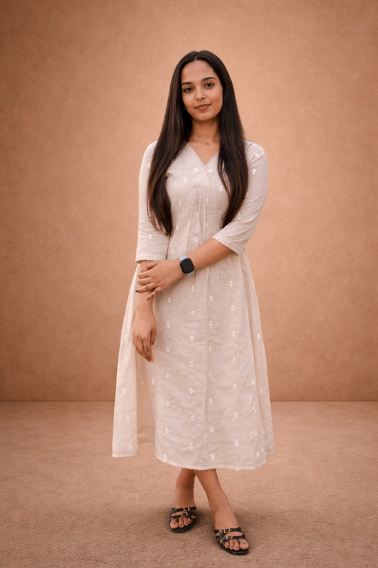 Ivory shade mul cotton A-line kurti with self thread embroidery and chain stitch detailing MBS-843