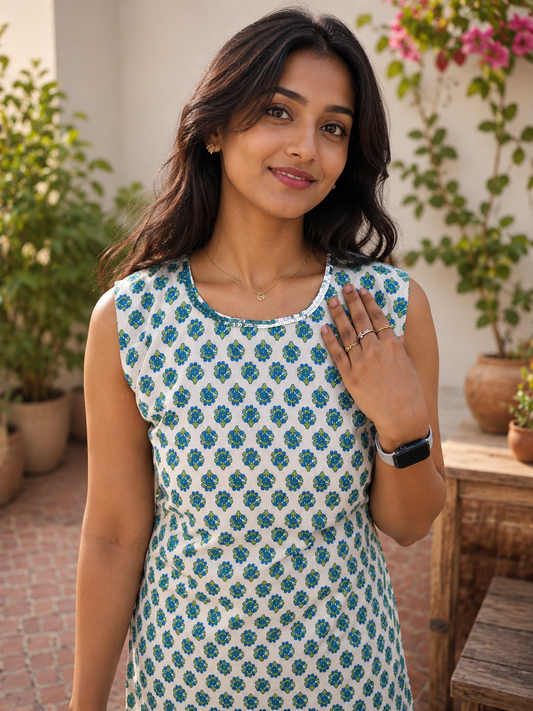 Pure cotton floral printed slitted kurti with handworked neckline MBS-930 **Ready to dispatch**
