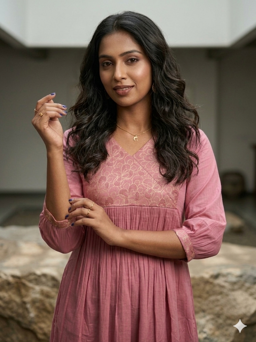 Dusty onion pink shaded mul cotton A-line kurti/dress with overlapped brocade yoke MBS-867