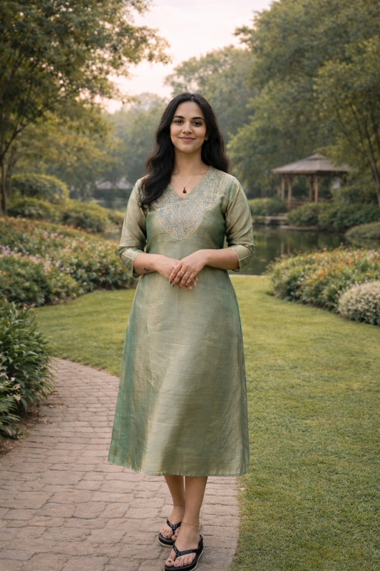 Green shaded banarasi tissue A-line kurti with brocade yoke MBS-826 ** ready to dispatch**