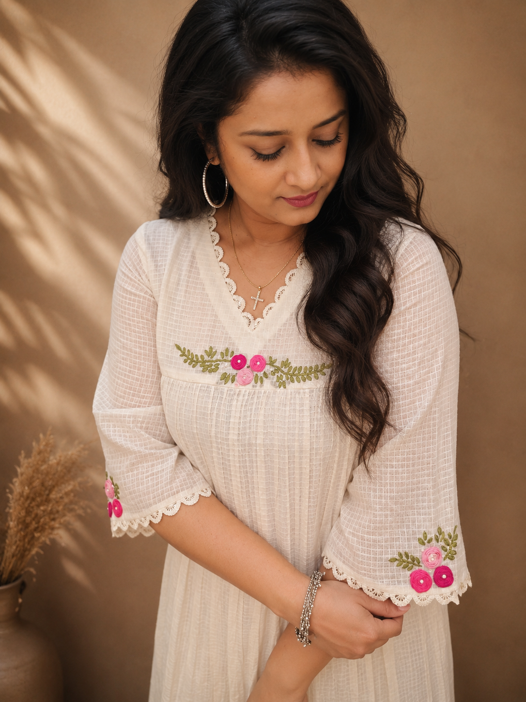 Soft Cotton Kota checks Aline kurti/dress with lace detailed neck with thread embroidered yoke and sleeves MBS-1199 **Onam 26**