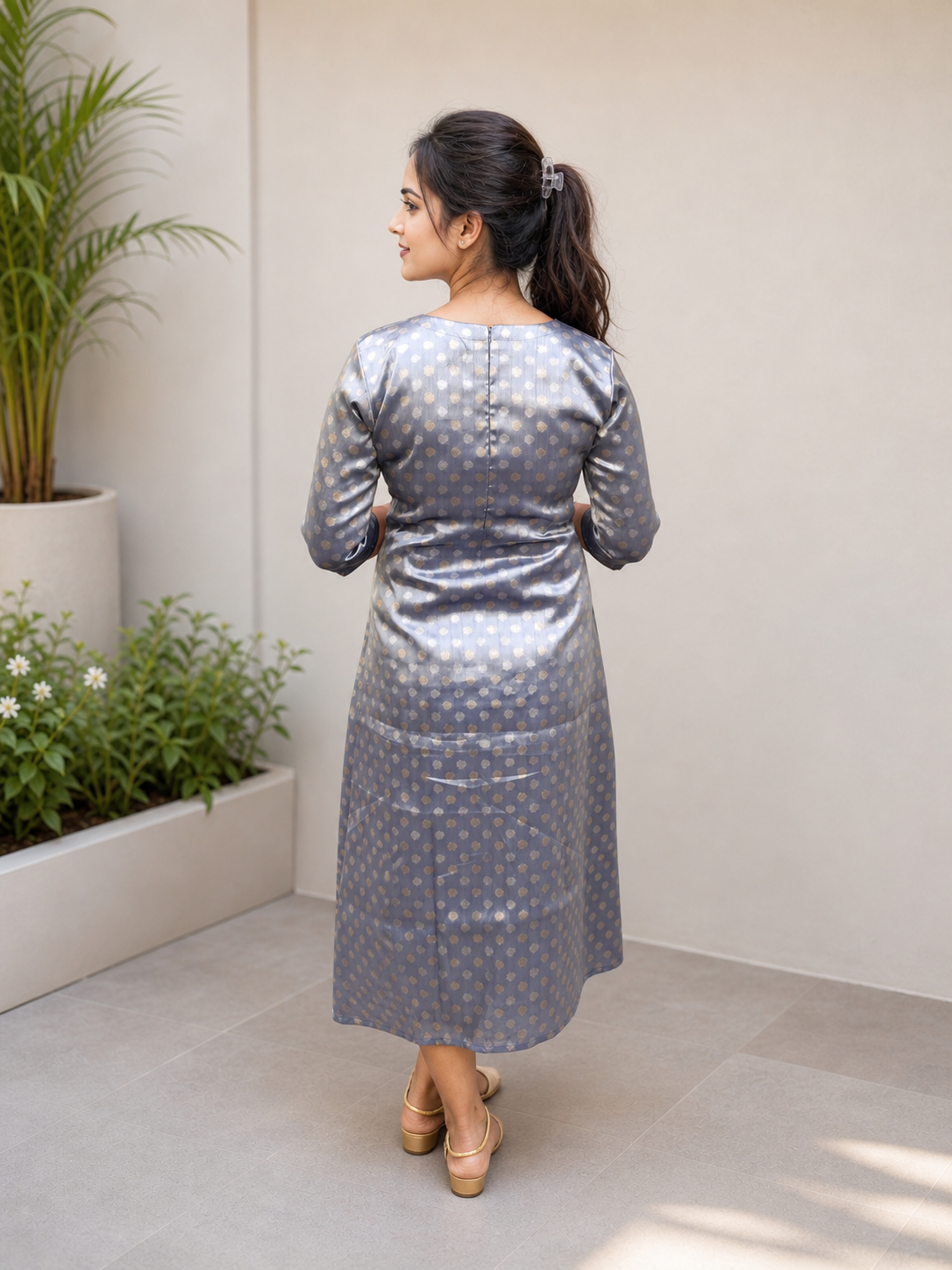 Grey shaded tissue brocade A-line kurti with princess cut panel MBS-1041 **Ready to dispatch**