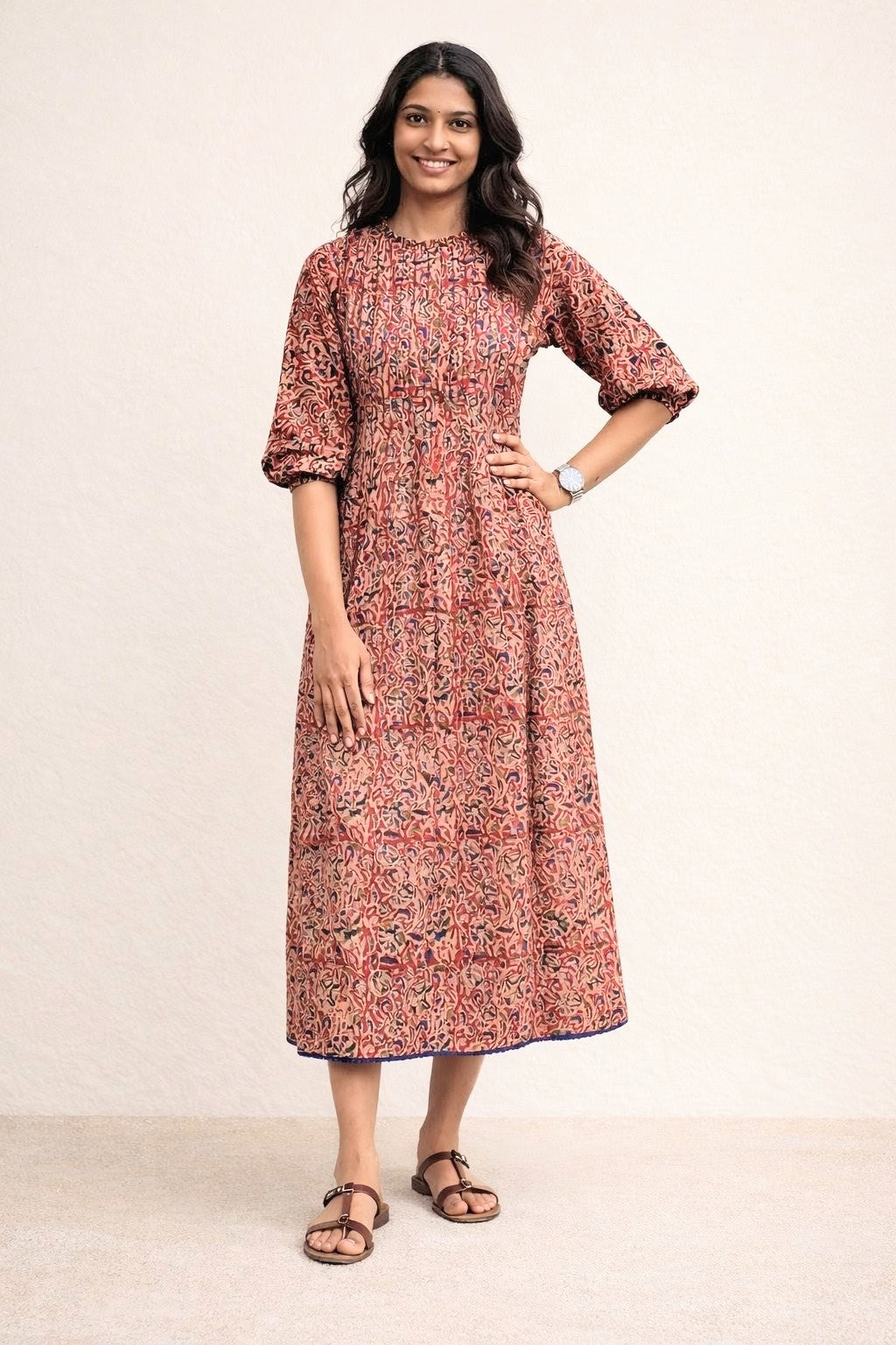 Pure kalamkari cotton A-line kurti with anchor thread detailed pleated yoke MBS-784 **Ready to dispatch**