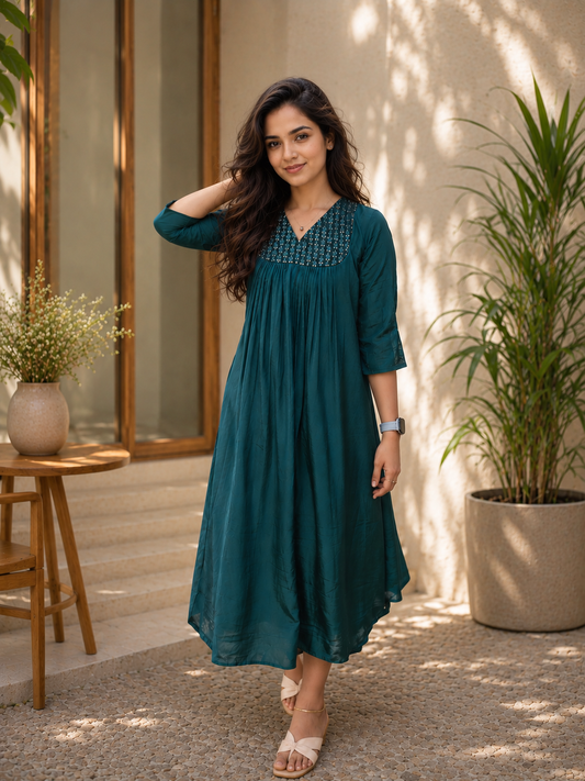 Bottle green shaded satin crape A-line kurti with designer yoke MBS-899 **Ready to dispatch**