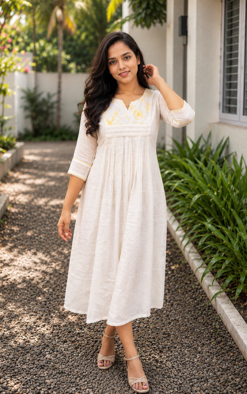 Soft cotton Kota checks Aline Kurti with yellow floral thread embroidered yoke MBS-1259 **Ready to dispatch** **Onam 26**