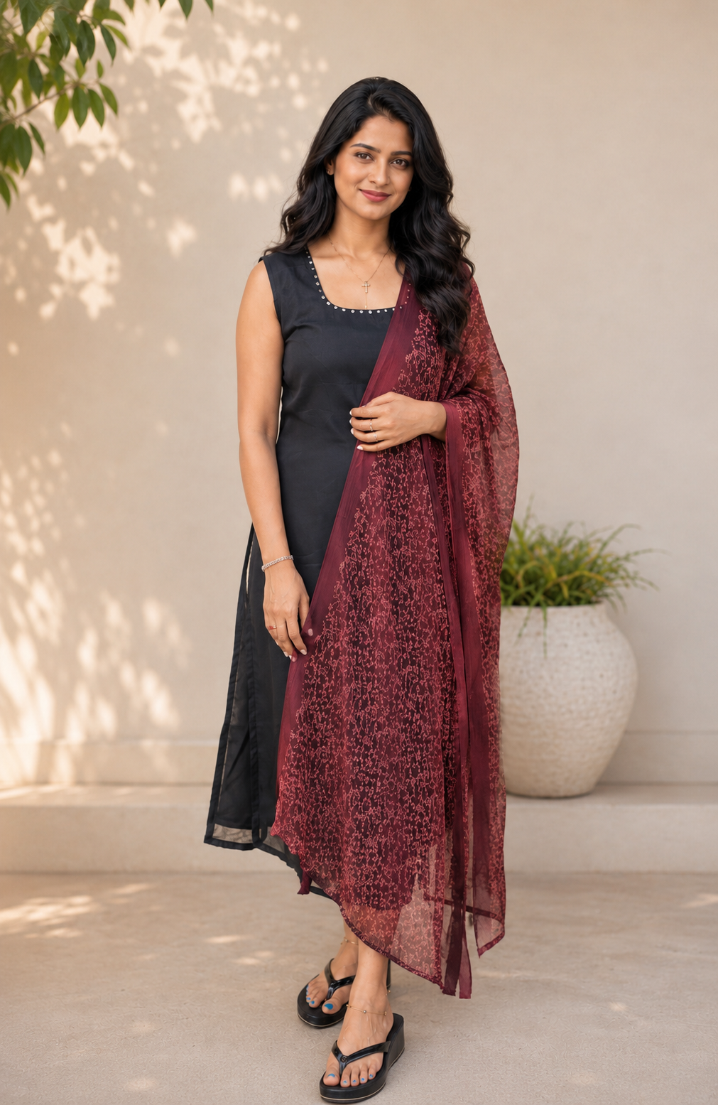 Black soft organza slitted kurti with mirror worked neckline with dupatta MBS-900 **Ready to dispatch**