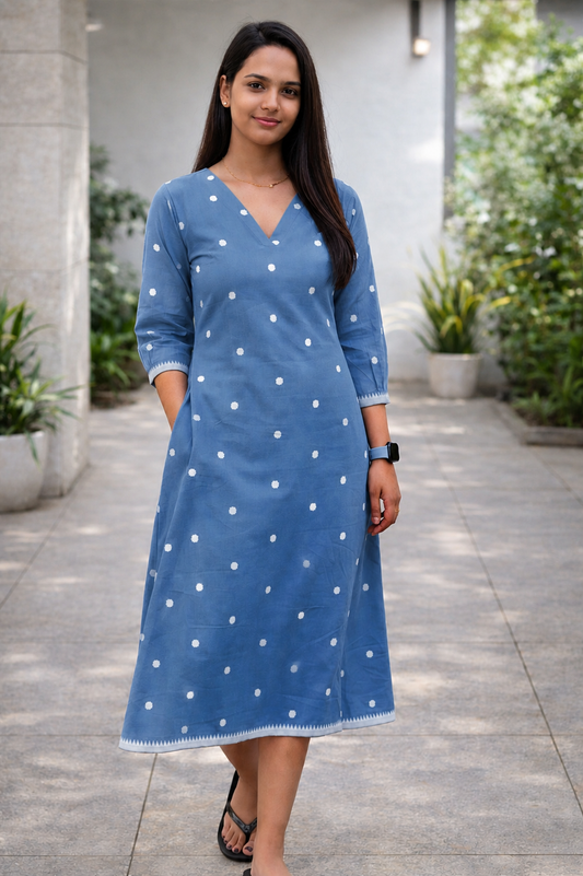 Pure cotton kurti with jamdhani woven buttas and border in denim blue shade MBS-953 **Ready to dispatch**