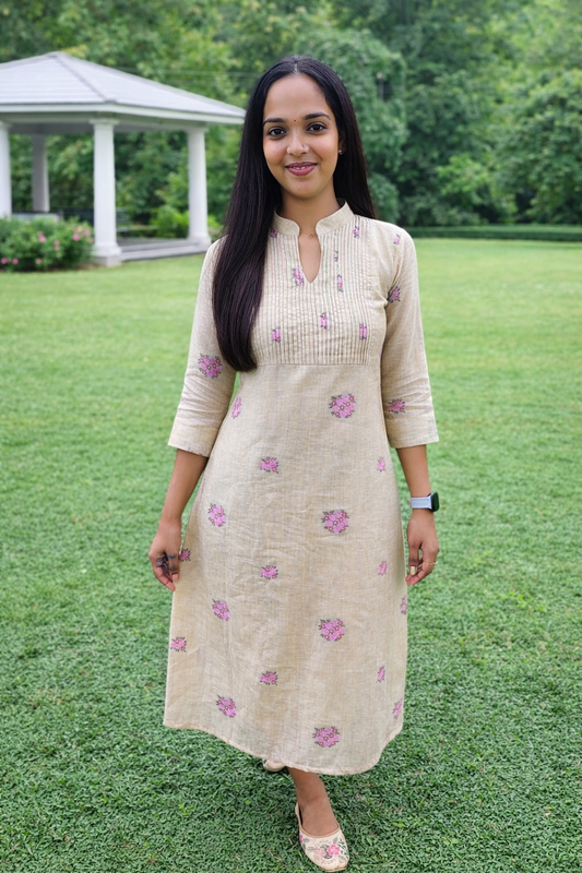 Cotton linen A-line kurti with all over floral jamdhani weaving and thread detailed pleats on yoke in beige shade MBS-846