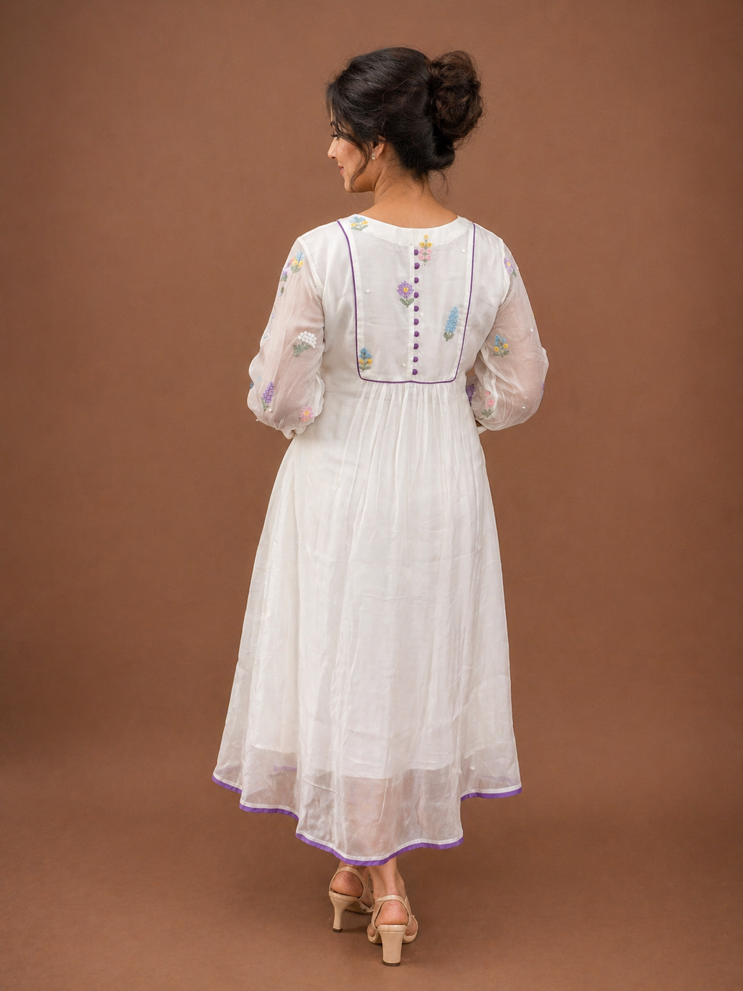 White viscose organza A-line kurti/dress with floral thread worked yoke and sleeve with santoon lining MBS-952 **Ready to dispatch**
