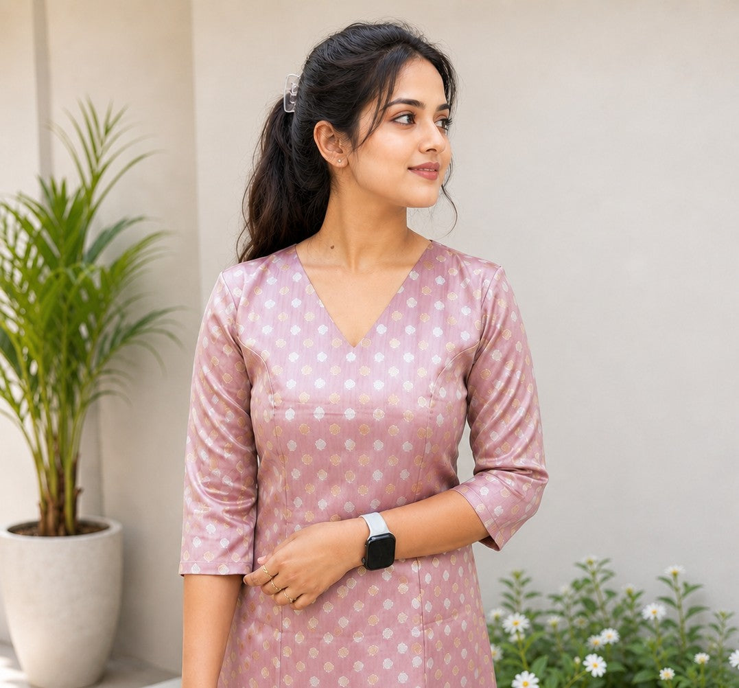 Pink shaded tissue brocade A-line kurti with princess cut panel MBS-1181 **Ready to dispatch**