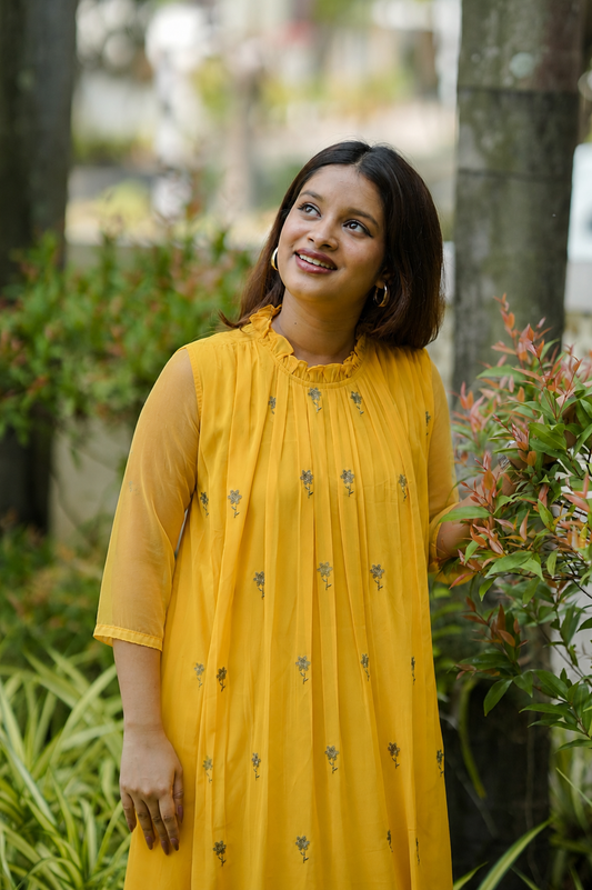 Yellow shaded georgette A-line kurti/dress with frilled neck and floral embroidery detailing MBS-1193 - Three fourth sleeves