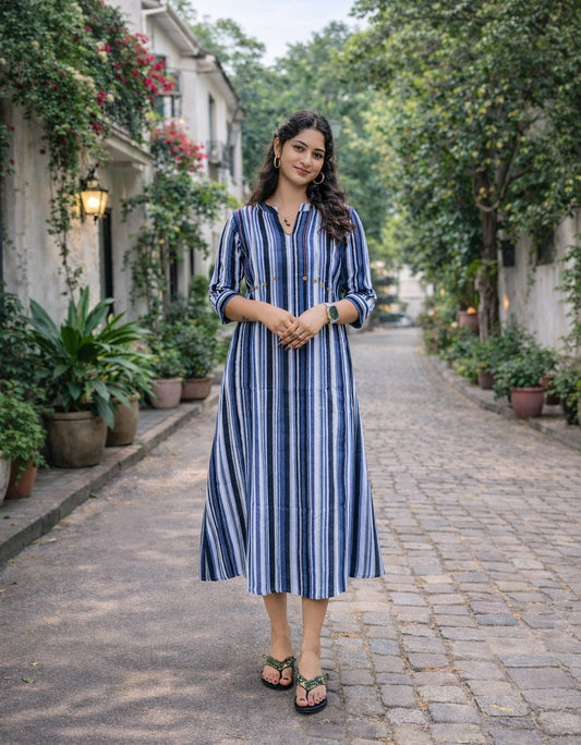Multicolor striped cotton Aline dress/kurti with anchor thread detailed yoke MBS-820 ** ready to dispatch**