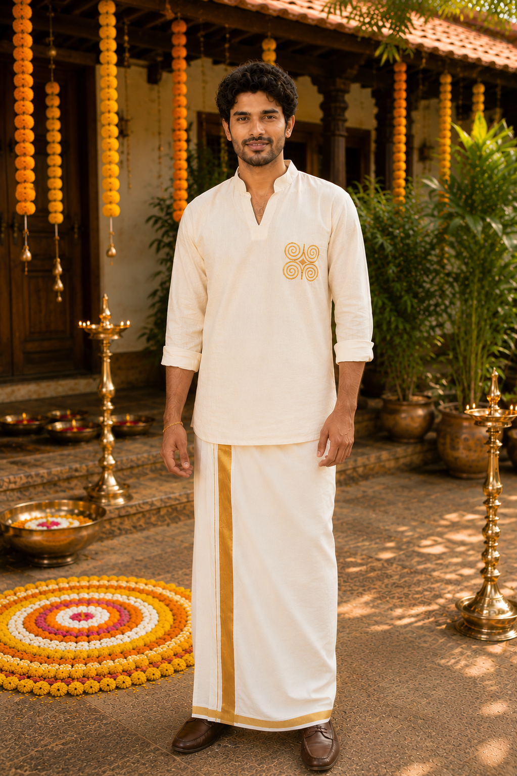 Off white flex short kurta for men with yellow thread embroidery detailings MBS-1264 "Onam 26"