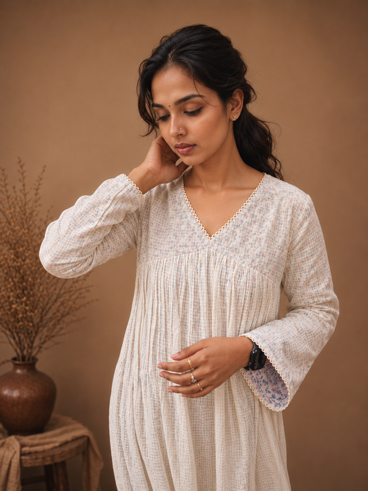 Off white soft cotton kota check A-line kurti with floral printed lining MBS-1013 **Ready to dispatch**