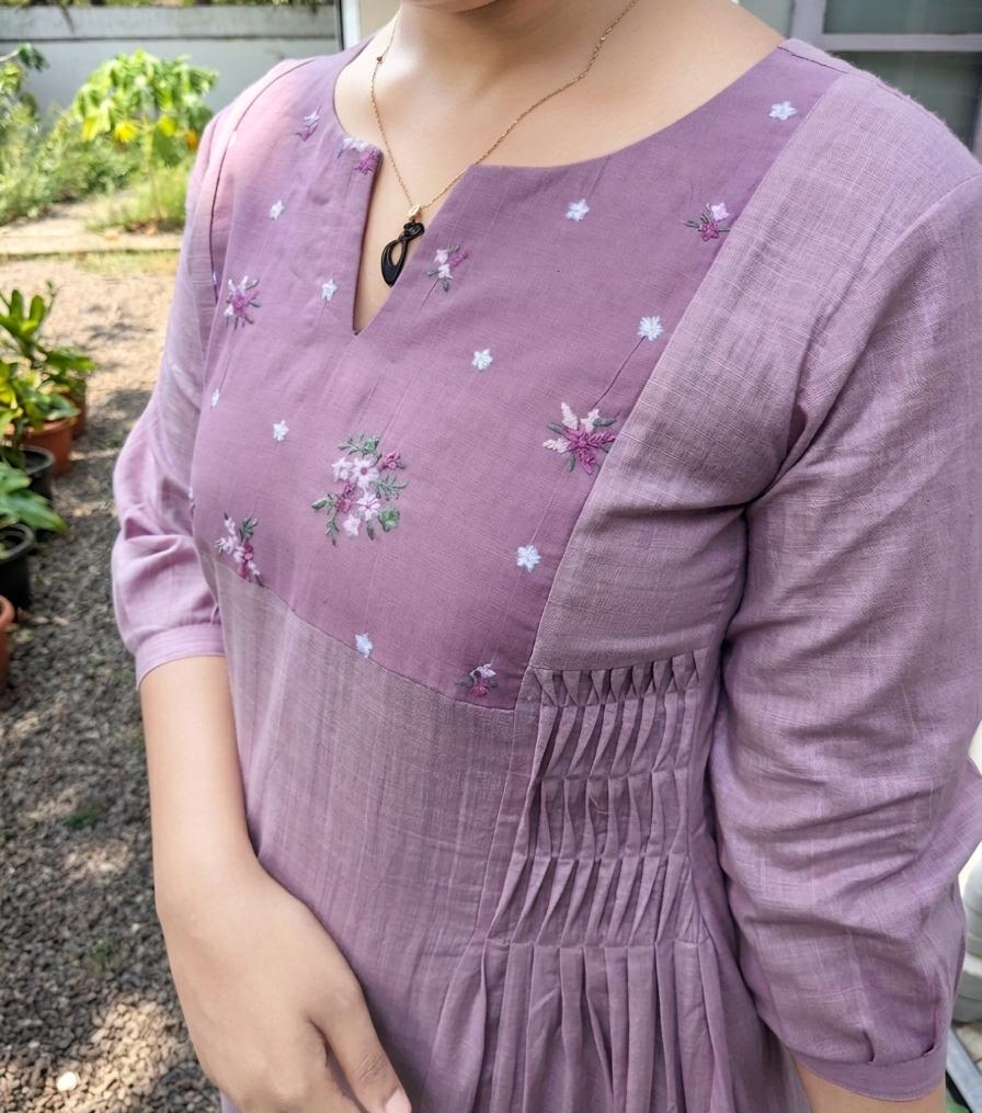 Mauve shaded slub cotton A-line kurti/dress with thread embroidered curved pleated yoke MBS-871 **Ready to dispatch**