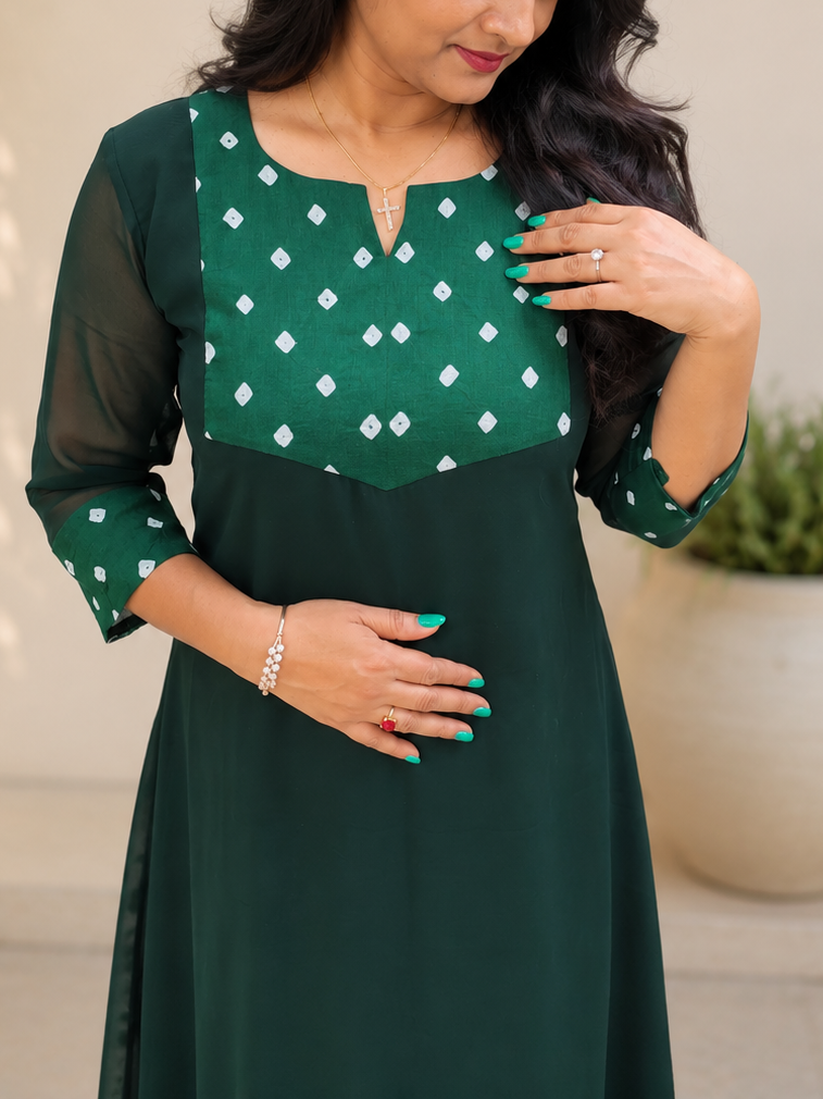Bottle green georgette Aline kurti with shibori yoke and sleeves MBS-1174 ***Ready to dispatch***