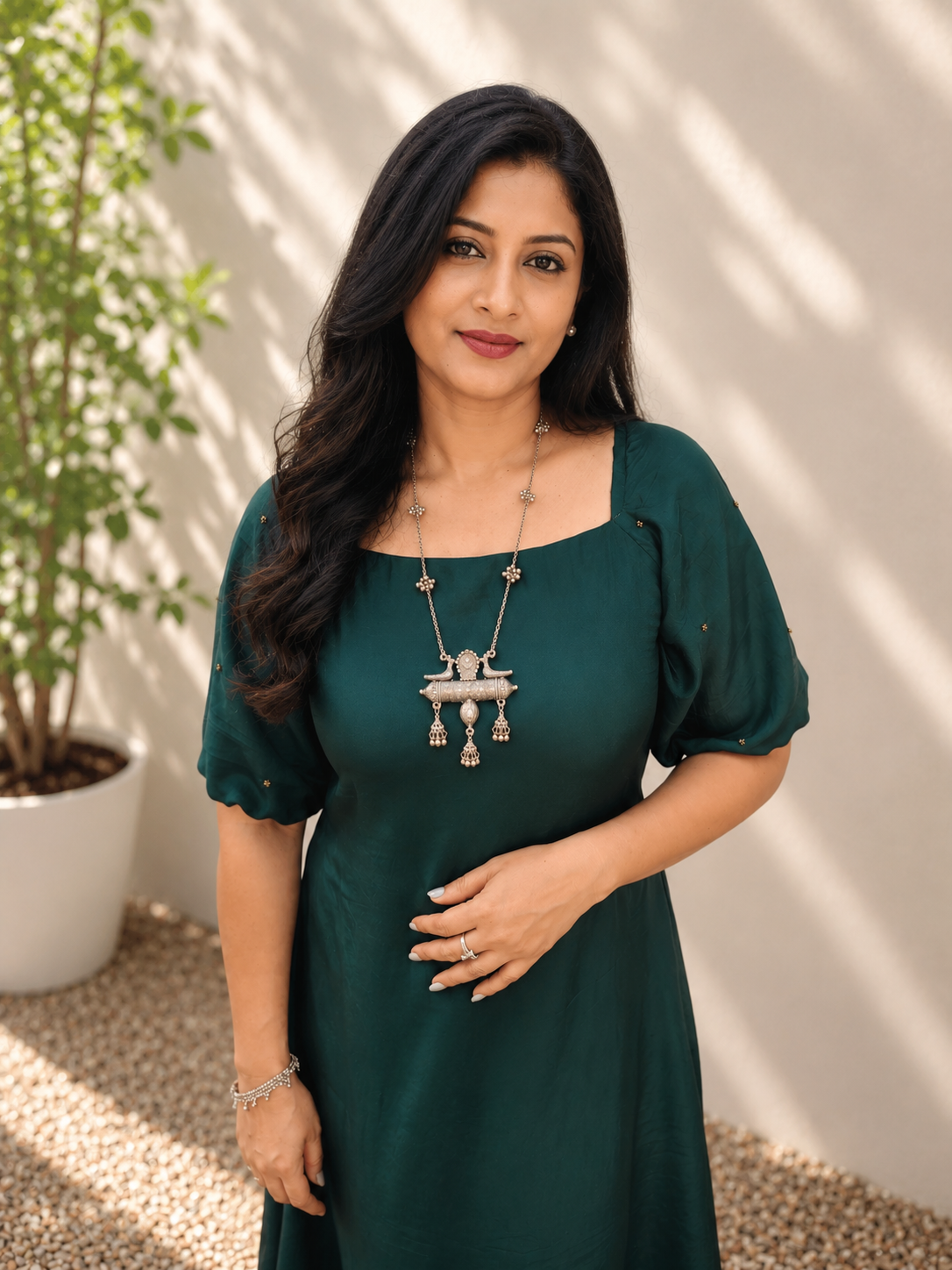 Bottle green shaded crepe silk A-line kurti/dress with handworked sleeves MBS-1190