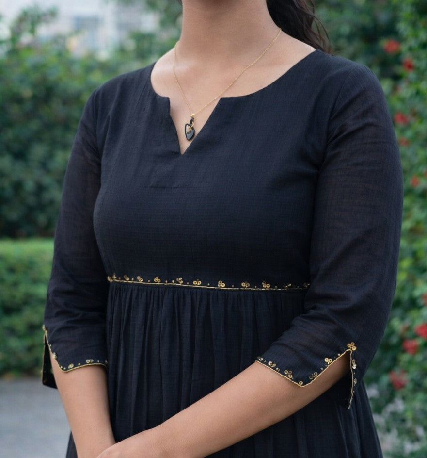 Black soft cotton kota checks kurti with handworked yoke and sleeves MBS-810