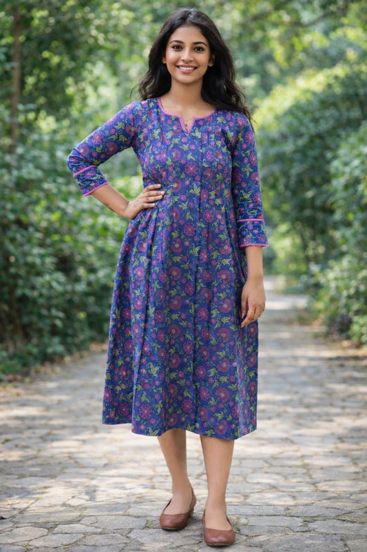 Floral printed cotton Aline kurti with pleated yoke and lace detailings  MBS-811 ** ready to dispatch**