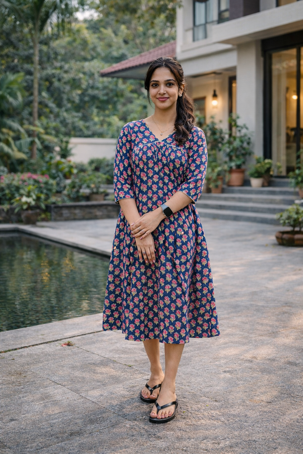 Floral printed cotton alia cut Aline kurti with gathers in indigo shade  MBS-812 ** ready to dispatch**