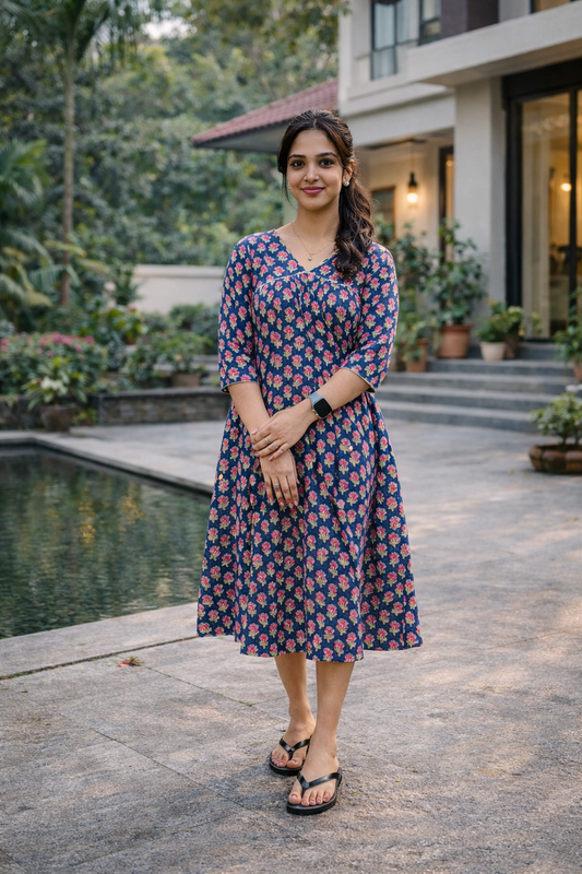 Floral printed cotton alia cut Aline kurti with gathers in indigo shade  MBS-812 ** ready to dispatch**