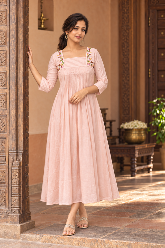 Peach blush shaded georgette organza Aline kurti with hand embroidery detailed yoke MBS-1492 **Ready to dispatch**
