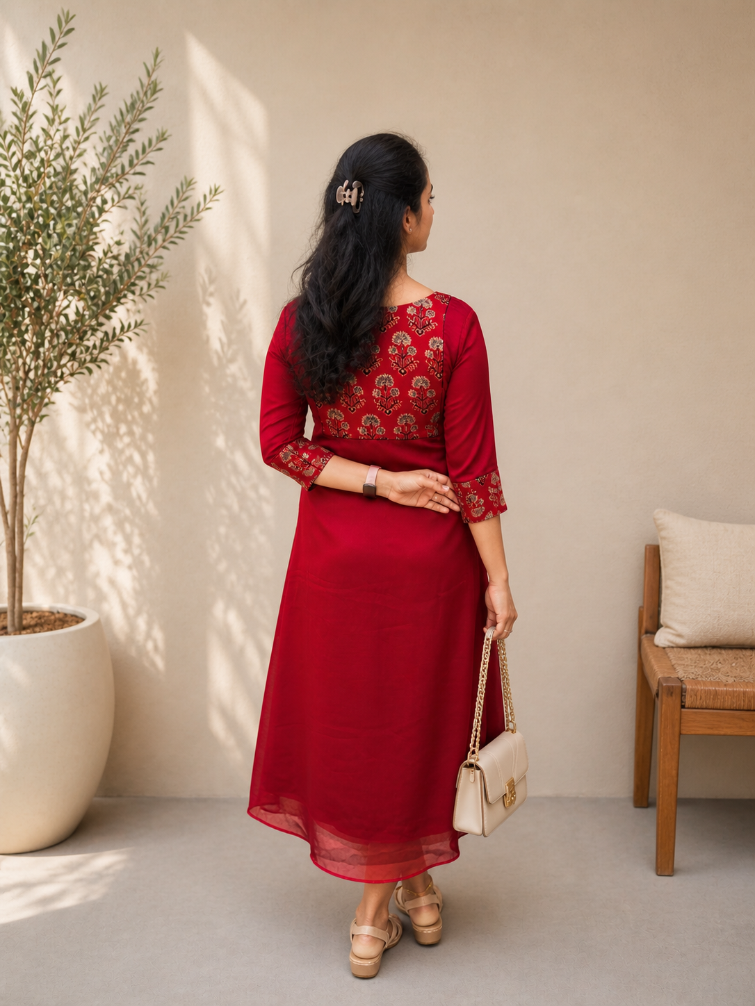 Reddish meroon silky georgette A-line kurti with printed modal silk yoke MBS-1042 **Ready to dispatch**