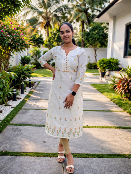 Off white shaded kora cotton slitted kurti with floral thread embroidery 844 **Ready to dispatch**