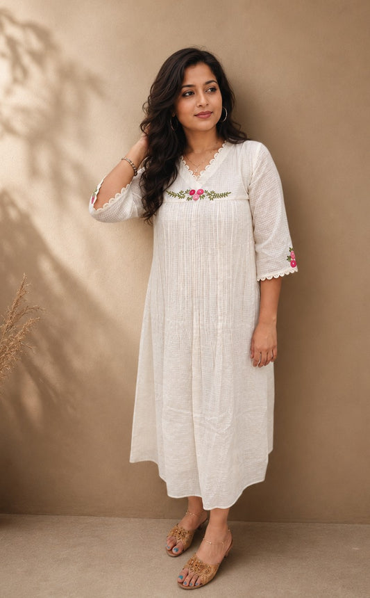 Soft Cotton Kota checks Aline kurti/dress with lace detailed neck with thread embroidered yoke and sleeves MBS-1199